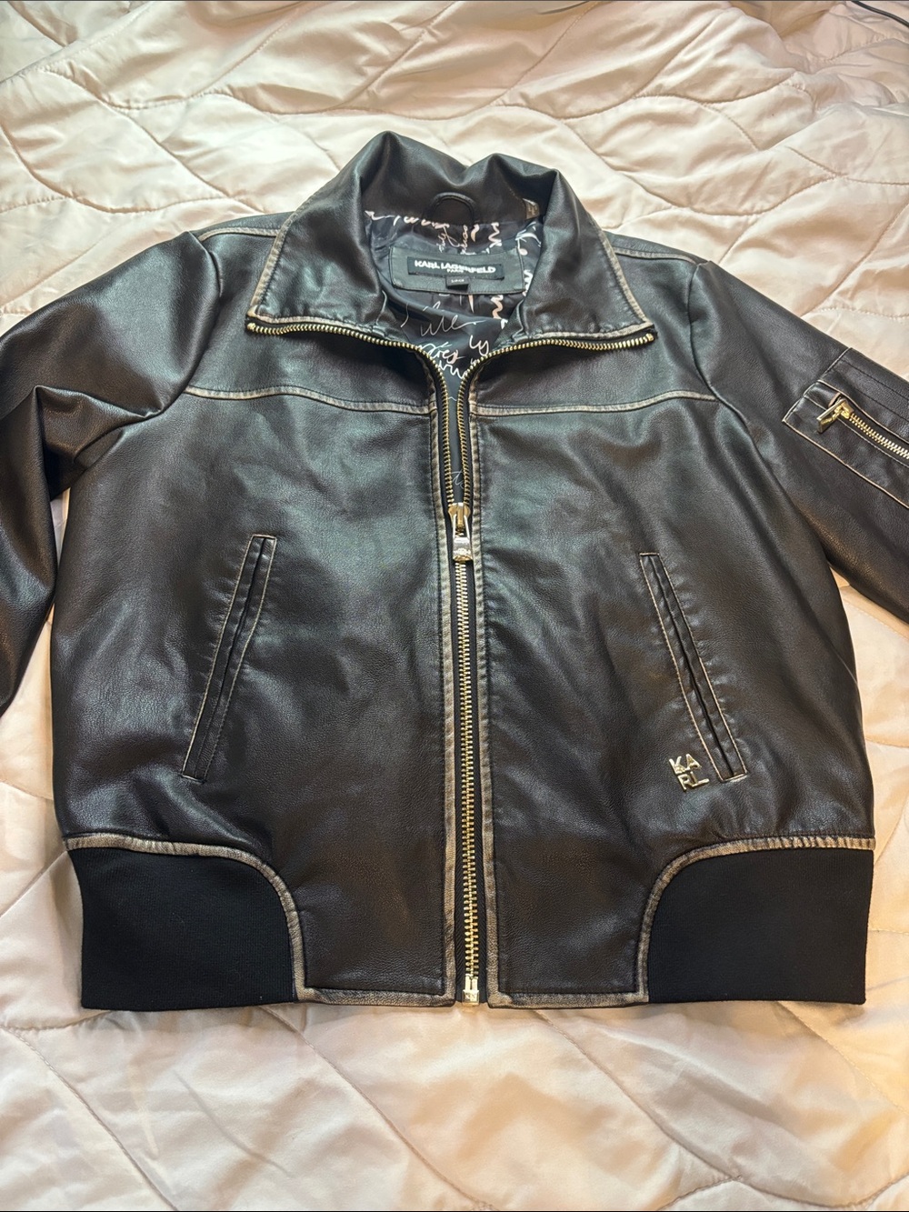Karl Lagerfeld Black Leather Bomber Jacket with Gold Zipper